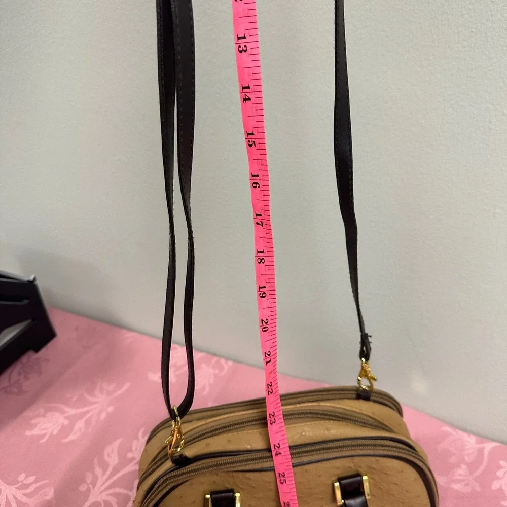 Tan Faux Ostrich Triple Zip Satchel Crossbody Bag Brown Trim Gold Hardware